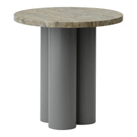 Round table with a natural stone top and three sleek gray cylindrical legs. Modern and minimalistic design.