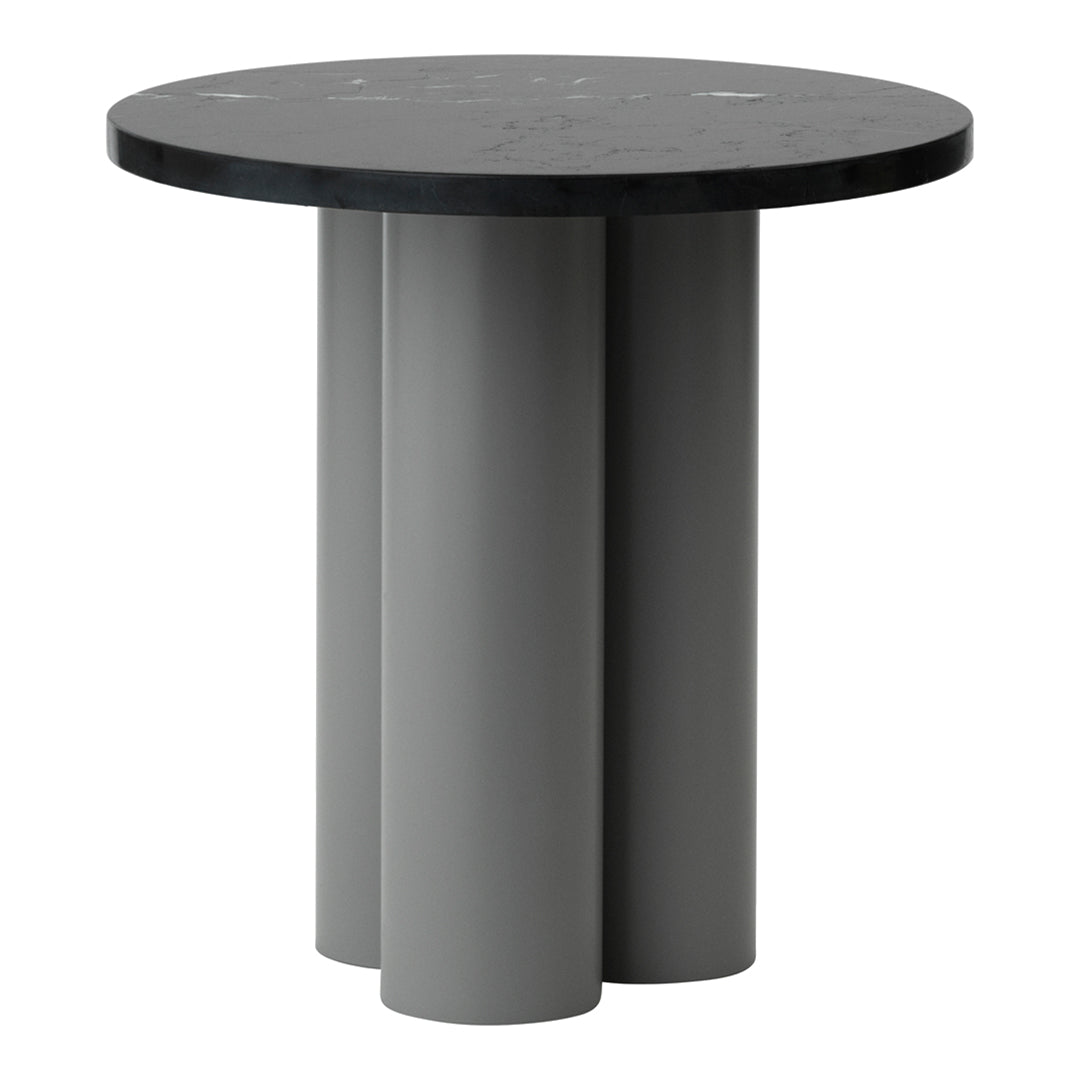 Round black tabletop with grey cylindrical base, featuring a minimalist design and smooth finish. Perfect for modern decor.
