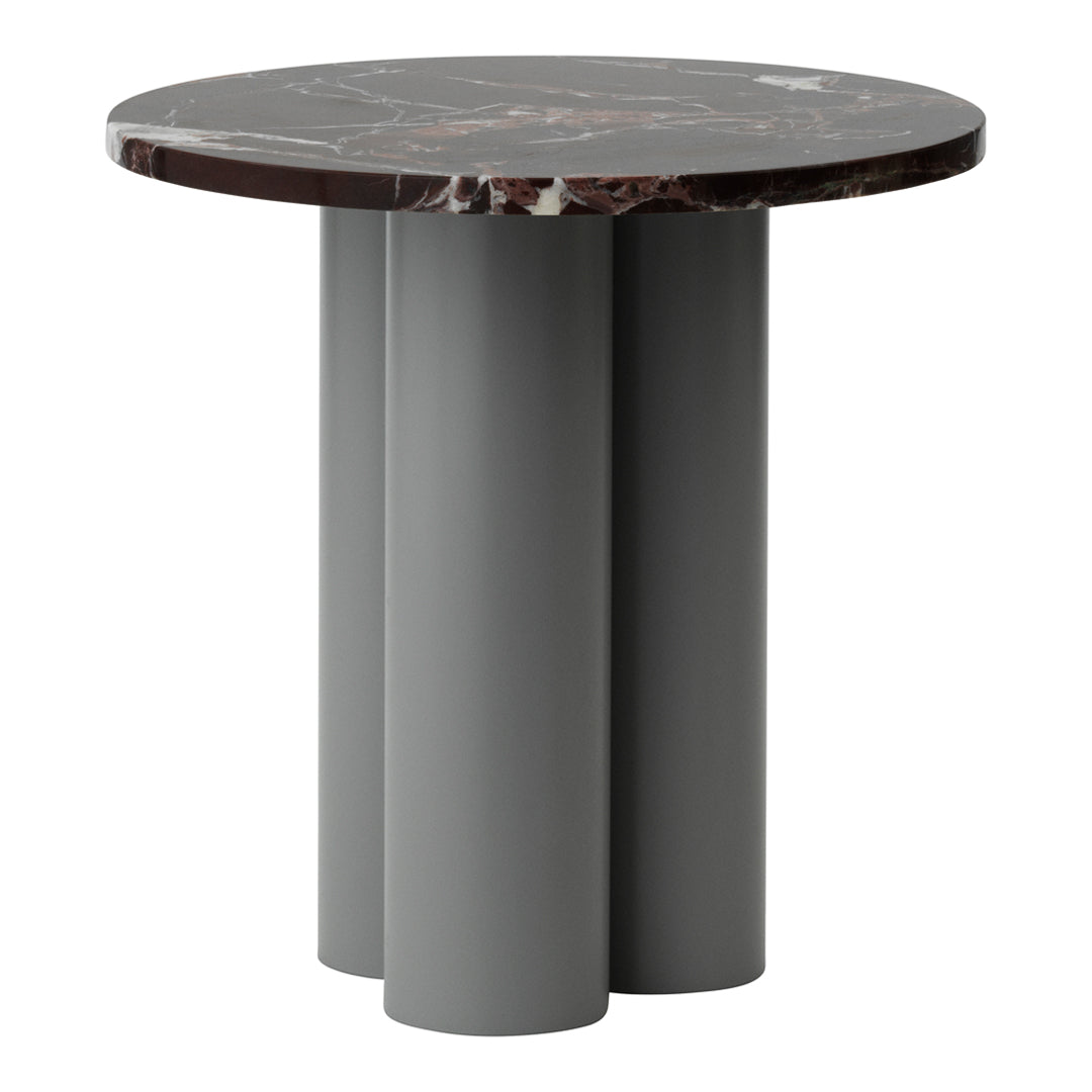 Round marble-top table with dark brown and gray tones, featuring a minimalist gray cylindrical base. Elegant design.