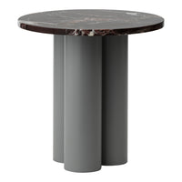 Round marble-top table with dark brown and gray tones, featuring a minimalist gray cylindrical base. Elegant design.