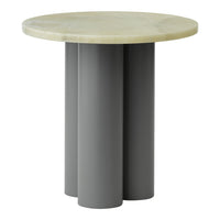 Round table with a pale green top and three sleek gray cylindrical legs, perfect for modern decor.