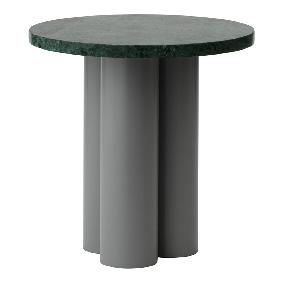 Round table featuring a green marble top and three sleek, grey cylindrical legs. Modern, minimalist design.