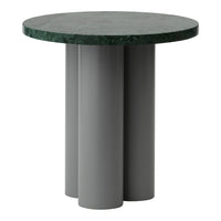 Round table featuring a green marble top and three sleek, grey cylindrical legs. Modern, minimalist design.