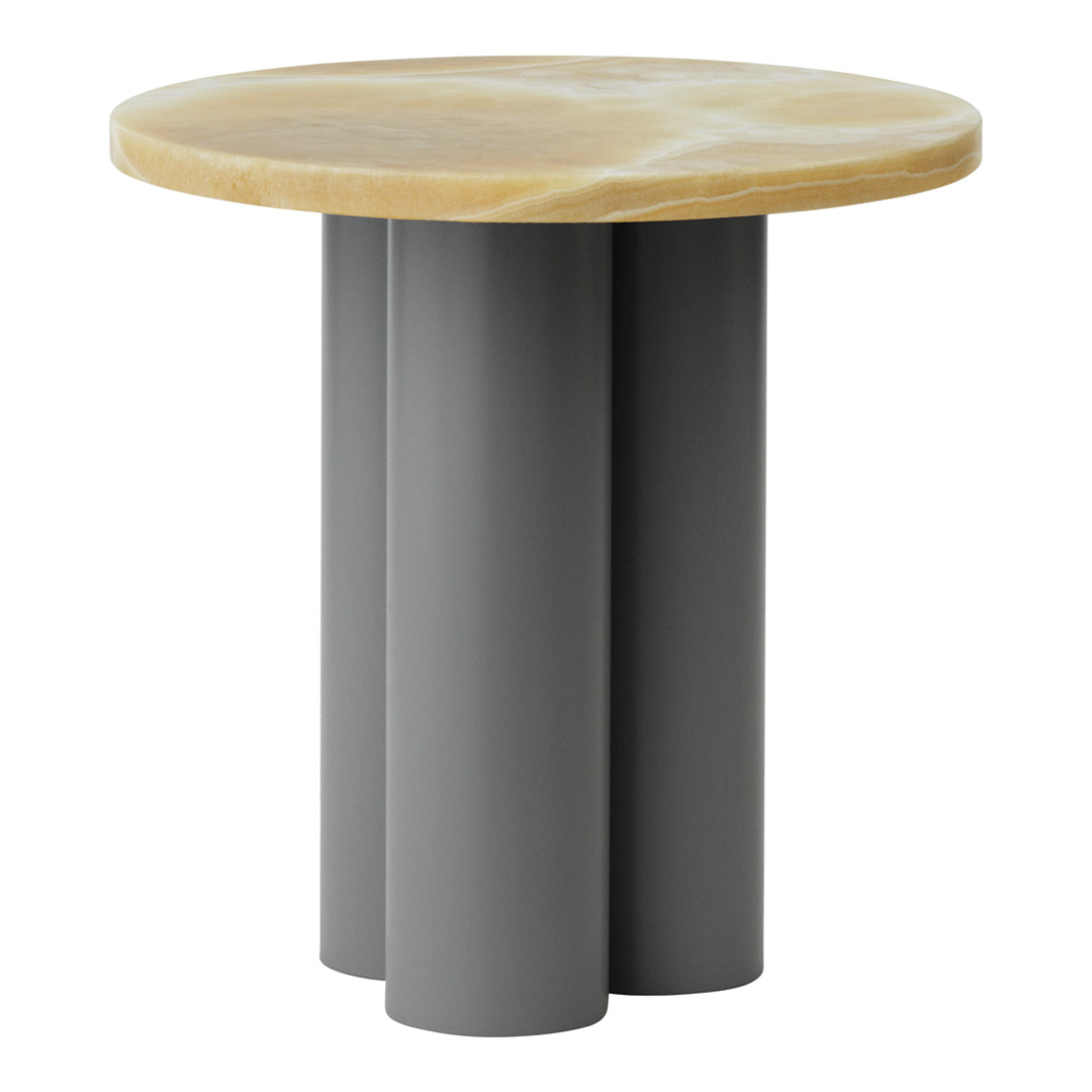 Round tabletop in light wood with subtle veining, resting on three sleek gray cylindrical legs.