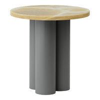 Round tabletop in light wood with subtle veining, resting on three sleek gray cylindrical legs.
