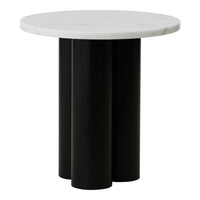 Round table with a white marble top and three glossy black cylindrical legs. Elegant color contrast and modern design.