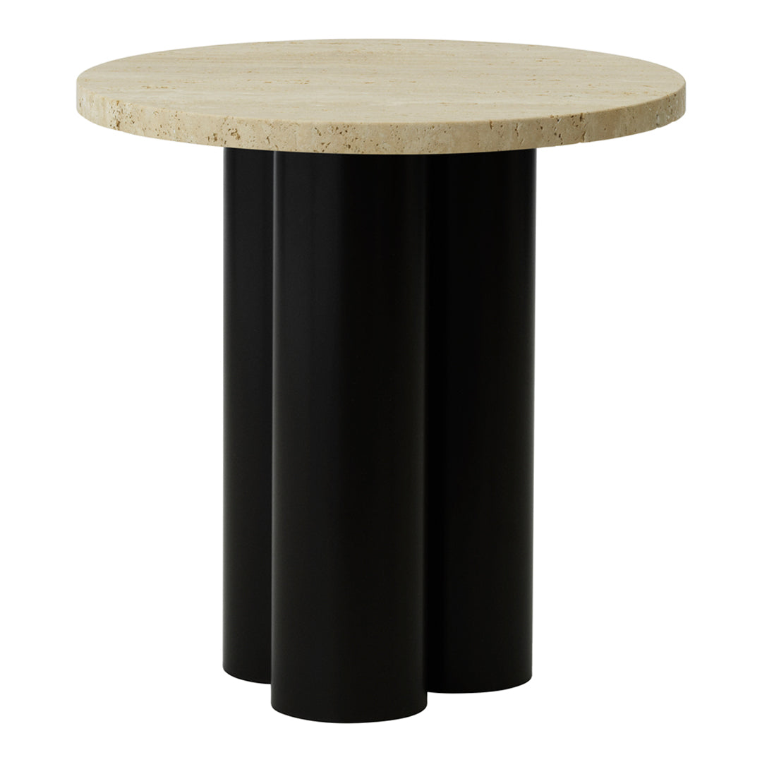 Round table with a cream stone top and three sleek black cylindrical legs. Modern and minimalist design.