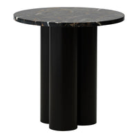 Black circular table with a marble-like top featuring gold veining, supported by three matte black cylindrical legs.