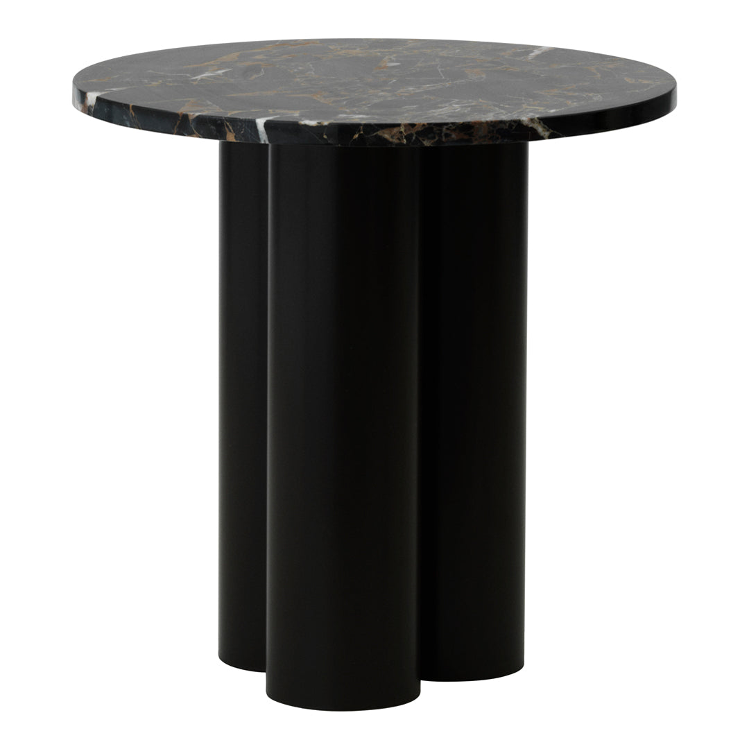 Black circular table with a marble-like top featuring gold veining, supported by three matte black cylindrical legs.