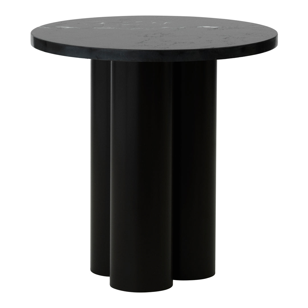 Black round table with a smooth top and three cylindrical legs, featuring a minimalist design.