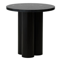 Black round table with a smooth top and three cylindrical legs, featuring a minimalist design.