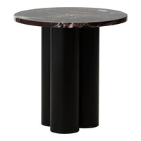Round black marble tabletop with rich brown and white veining, supported by three sleek black cylindrical legs.