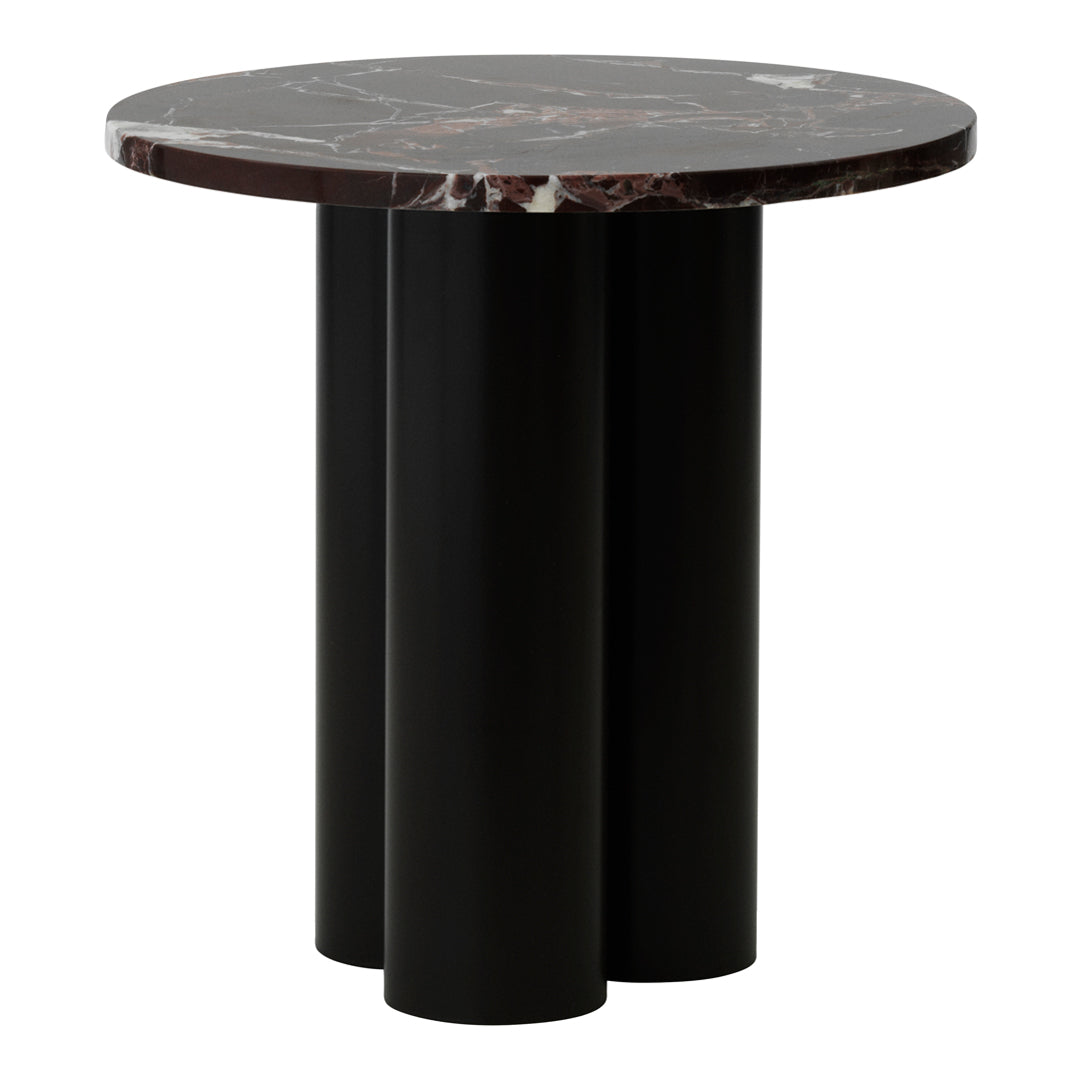 Round black marble tabletop with rich brown and white veining, supported by three sleek black cylindrical legs.