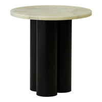 Round table with a smooth, light beige top and three sleek black cylindrical legs for a modern aesthetic.