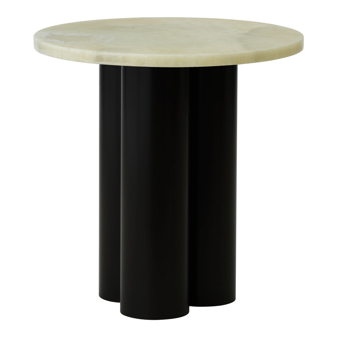 Round table with a smooth, light beige top and three sleek black cylindrical legs for a modern aesthetic.