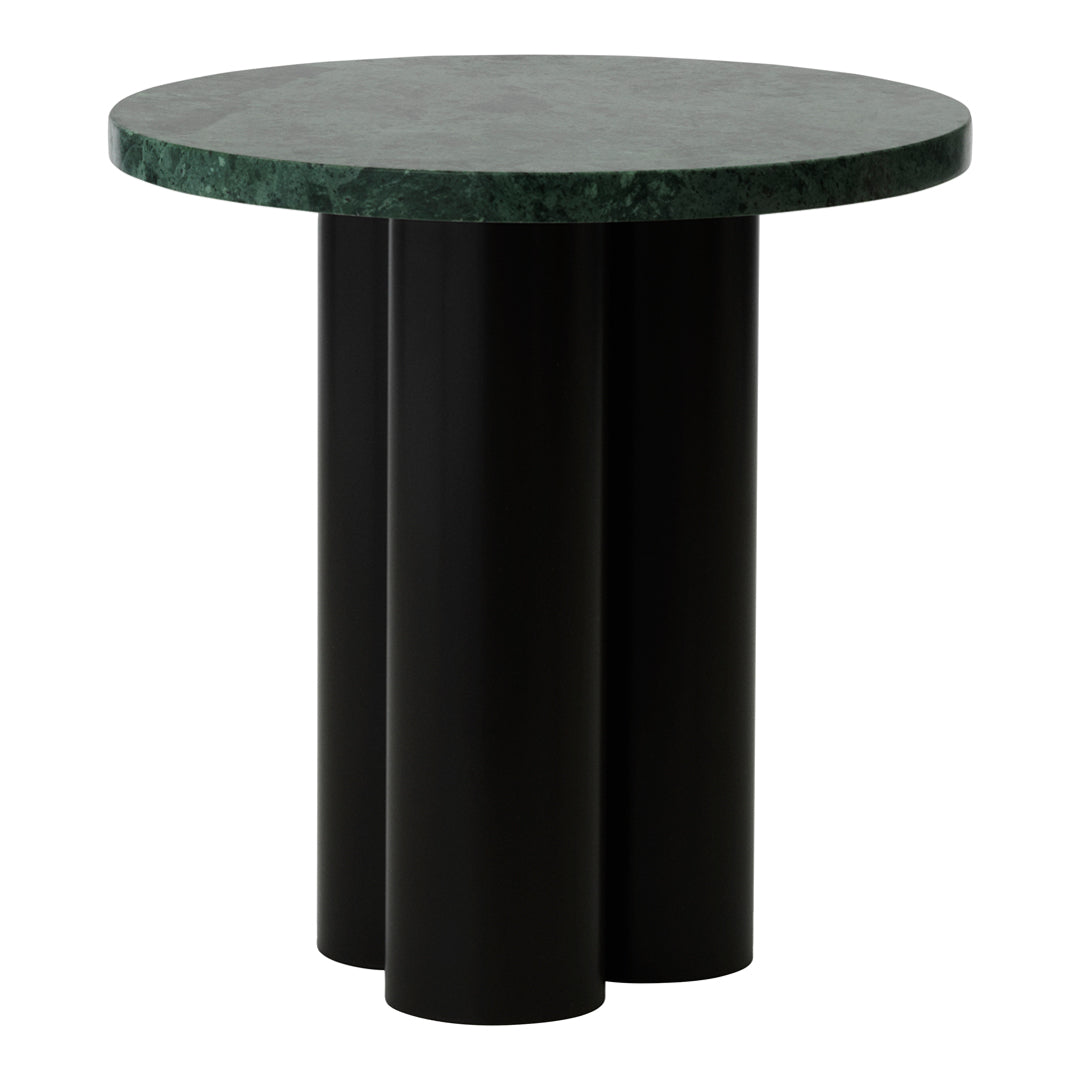 Round tabletop in green stone with three black cylindrical legs, modern and stylish design.