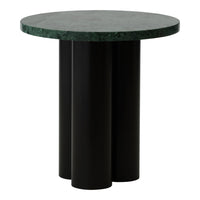 Round tabletop in green stone with three black cylindrical legs, modern and stylish design.