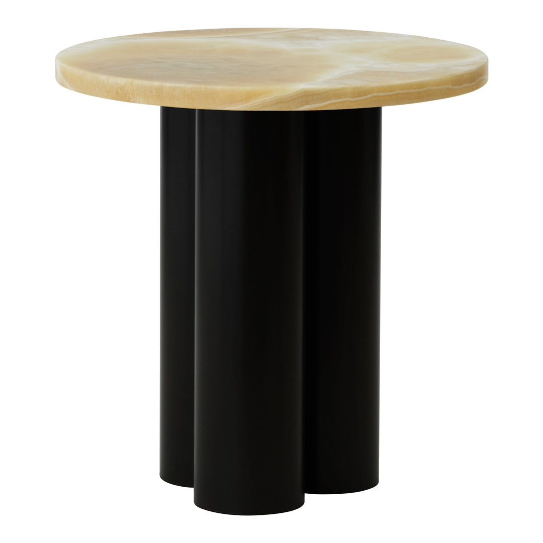 Round wooden tabletop with natural stone pattern, supported by three sleek black cylindrical legs. Modern design.