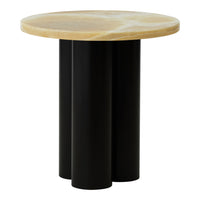 Round wooden tabletop with natural stone pattern, supported by three sleek black cylindrical legs. Modern design.