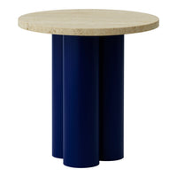 Round tabletop in natural stone, supported by three cylindrical navy blue legs. Modern and stylish design.