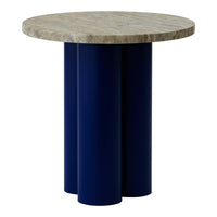 Round table with a natural stone top and three navy blue cylindrical legs. Modern design with a sleek color contrast.
