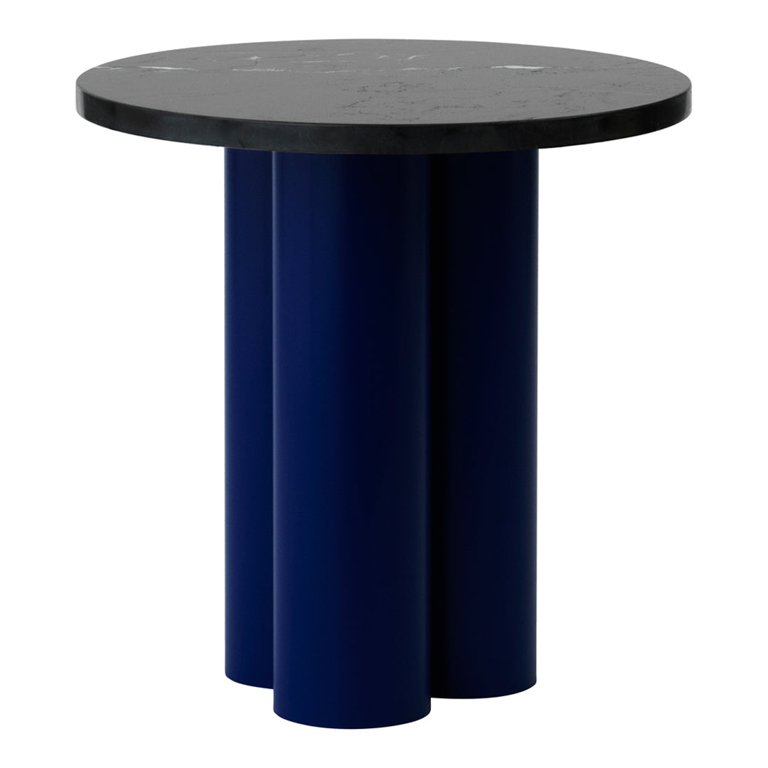 Round black tabletop with three sleek navy-blue cylindrical legs. Modern design with bold color contrast.