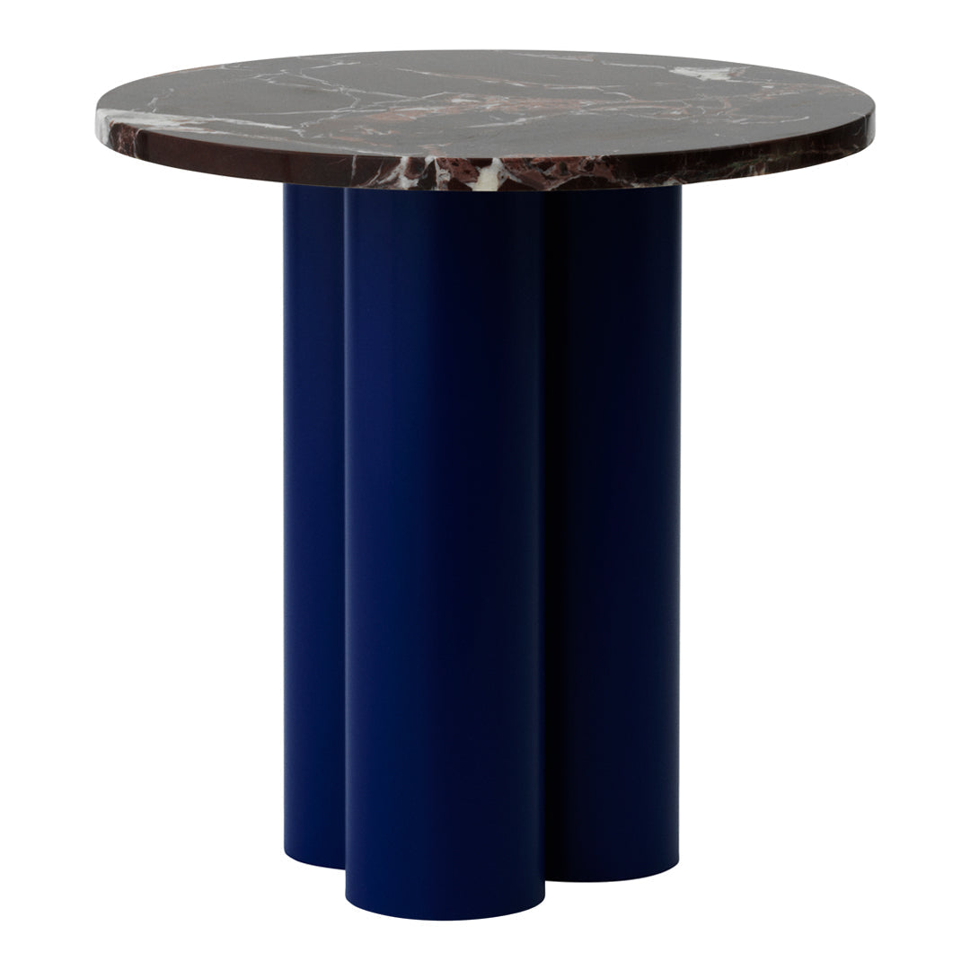 Navy blue cylindrical base with a round dark marble top featuring white and gray veining patterns.