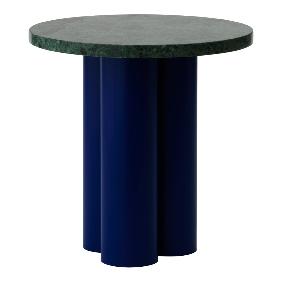 Green marble tabletop with a glossy navy blue cylindrical base, creating a modern and stylish accent table.