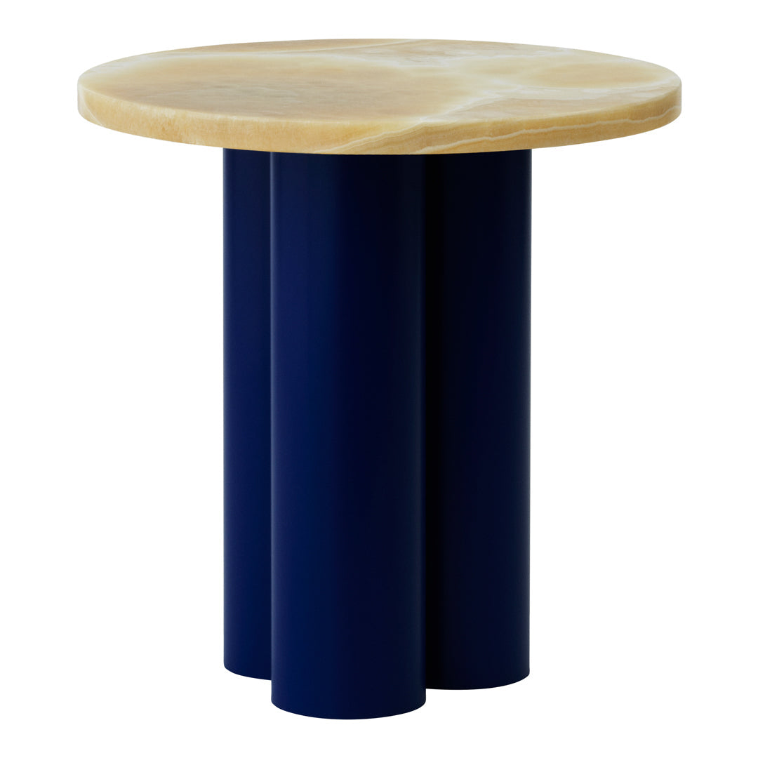 Round side table with a natural wood top and bold navy blue cylindrical bases. Modern design, minimalist style.