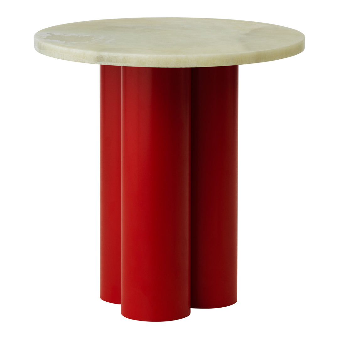 Round coffee table with a light beige top and three vibrant red cylindrical legs, featuring a sleek modern design.