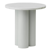 "Round white marble tabletop with smooth gray cylindrical base, minimalistic design for modern decor."
