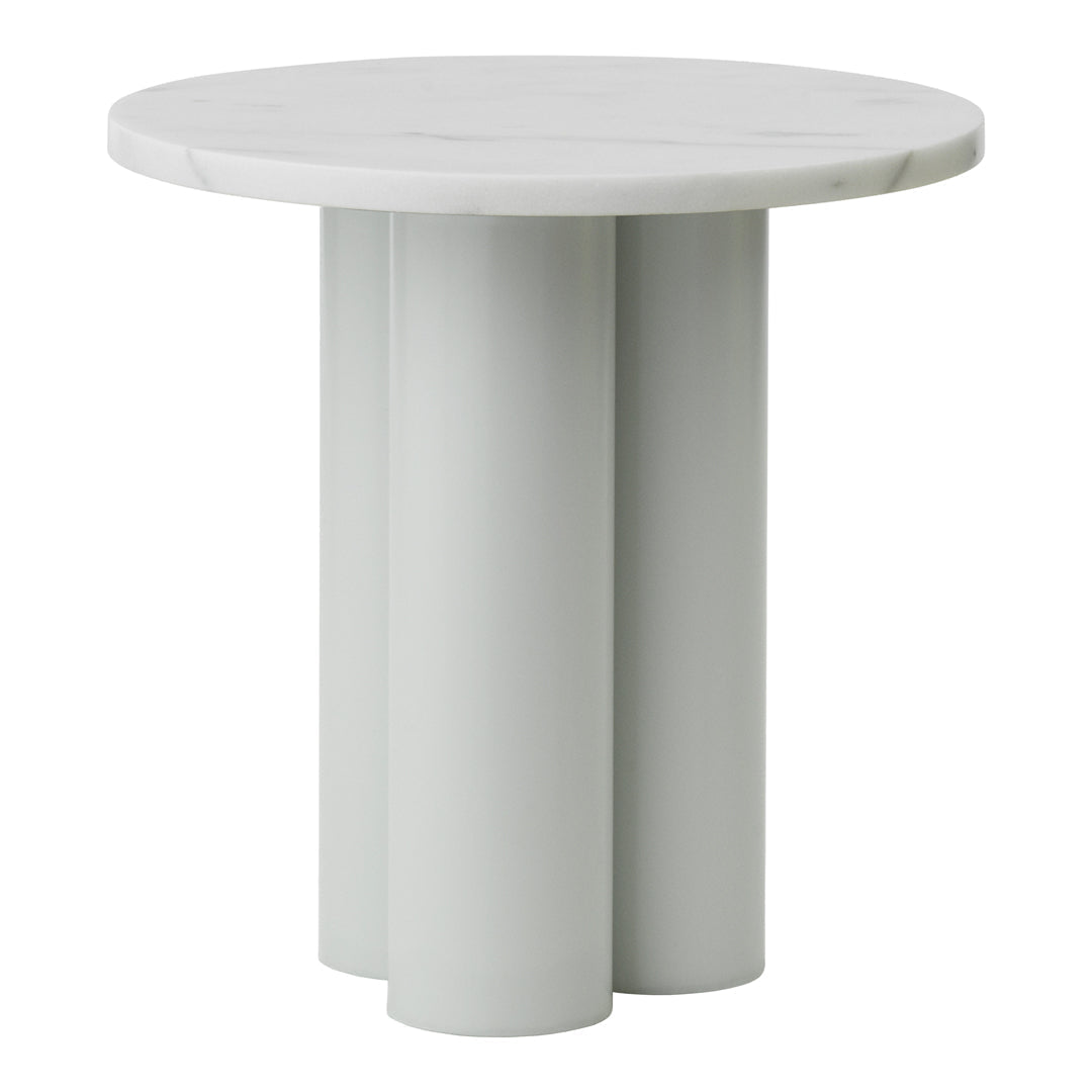 "Round white marble tabletop with smooth gray cylindrical base, minimalistic design for modern decor."