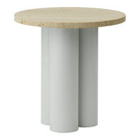 Round beige tabletop with a smooth light gray cylindrical base, creating a modern minimalist look.