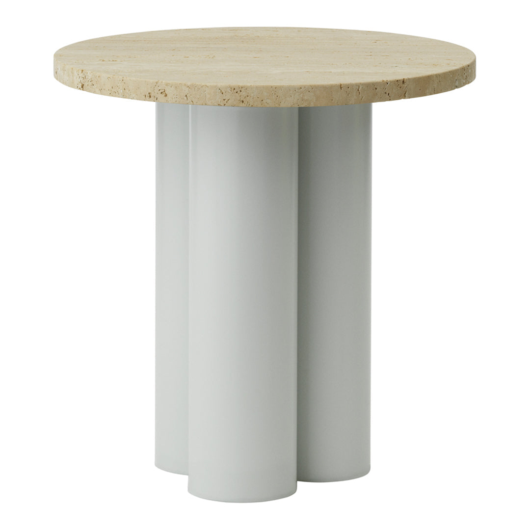 Round beige tabletop with a smooth light gray cylindrical base, creating a modern minimalist look.