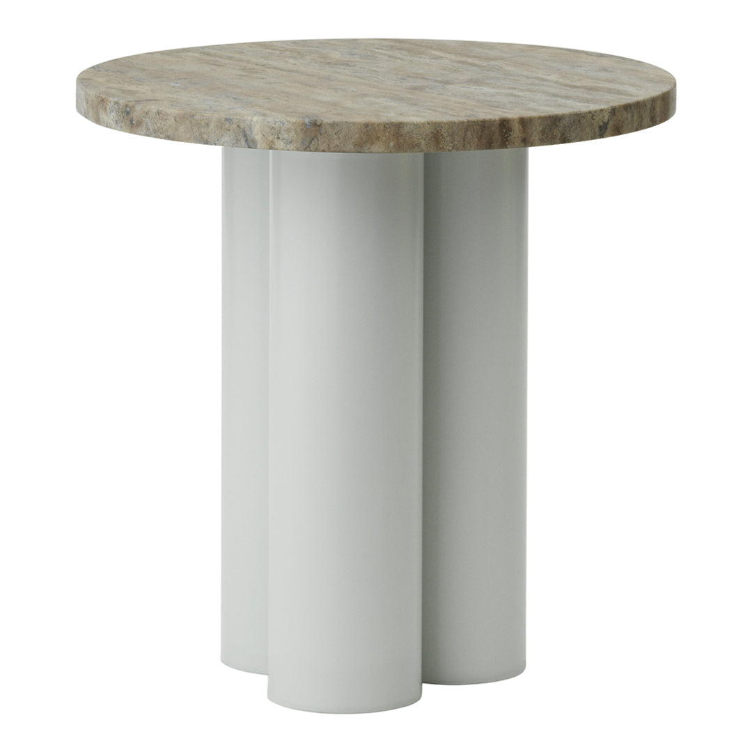 Round side table with a natural stone top and three smooth, cylindrical white legs. Modern minimalist design.