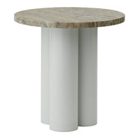 Round side table with a natural stone top and three smooth, cylindrical white legs. Modern minimalist design.