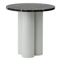 Round table with a glossy black marble top and soft gray cylindrical legs, featuring a modern, minimalist design.