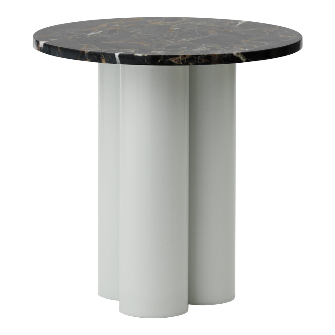Round table with a glossy black marble top and soft gray cylindrical legs, featuring a modern, minimalist design.