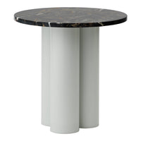 Round table with a glossy black marble top and soft gray cylindrical legs, featuring a modern, minimalist design.