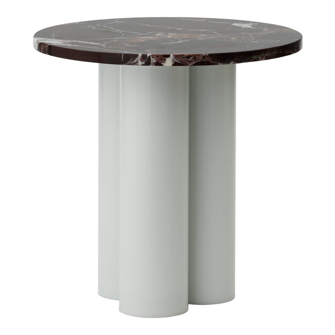 Round table with a dark marble top and light gray cylindrical legs. Modern and stylish design.