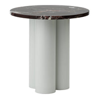 Round table with a dark marble top and light gray cylindrical legs. Modern and stylish design.