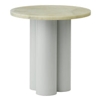 Light beige round tabletop with smooth gray cylindrical legs. Modern, minimalistic design showcases elegant colors.