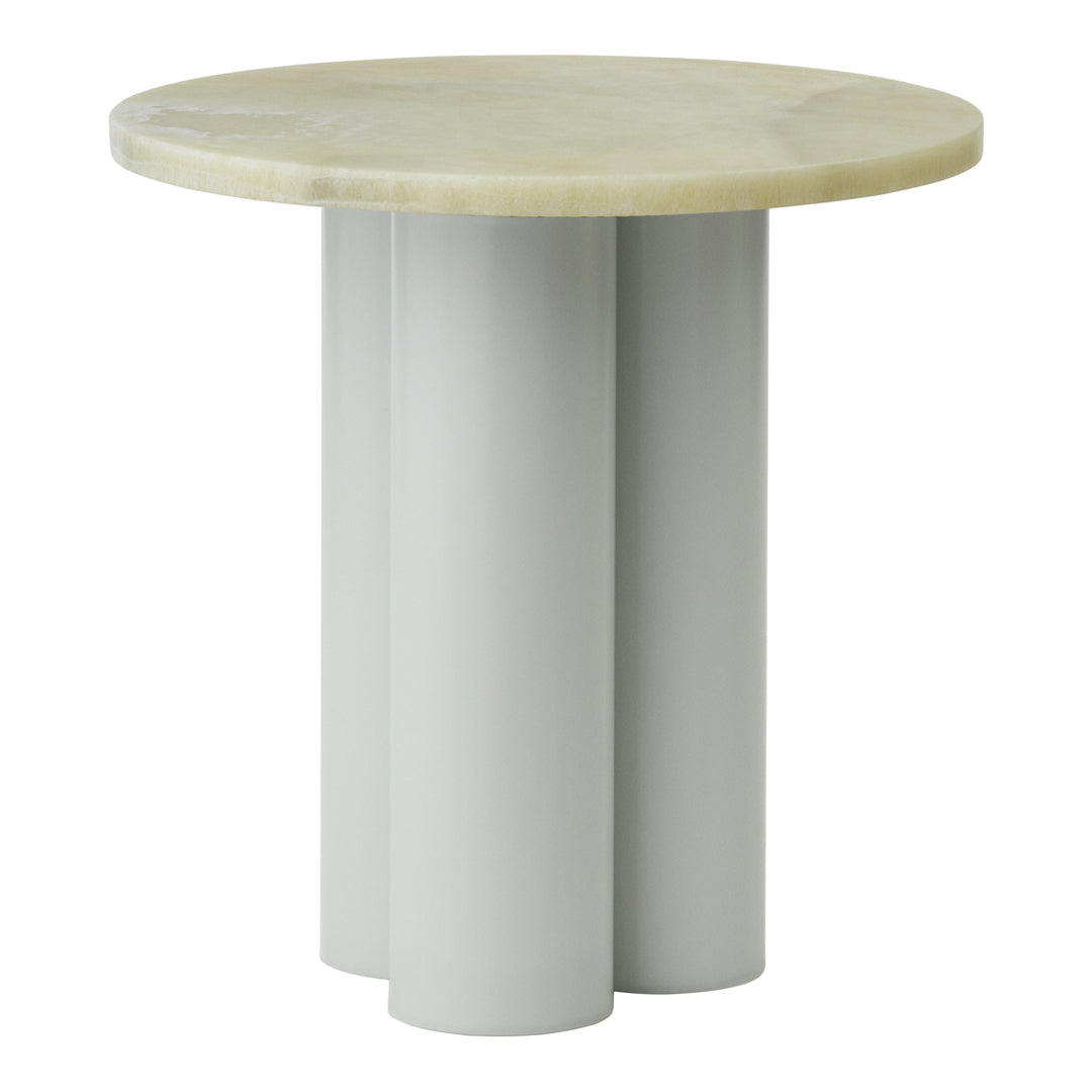 Light beige round tabletop with smooth gray cylindrical legs. Modern, minimalistic design showcases elegant colors.