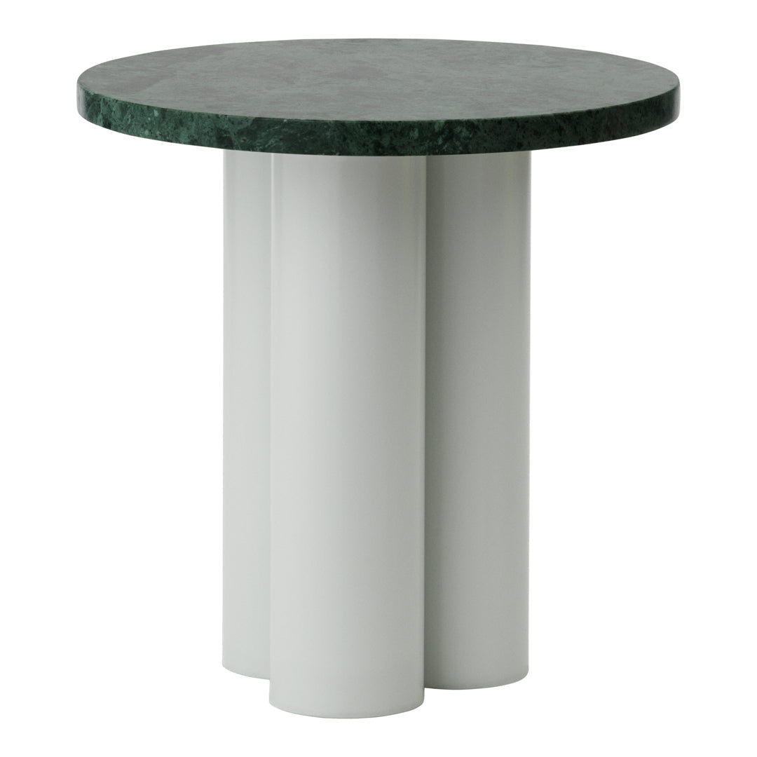 Green marble top with smooth, cylindrical white base in a modern design. Perfect for contemporary decor.