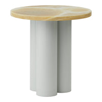Round table featuring a natural wood top with light honey tones and three smooth, pale gray cylindrical legs.