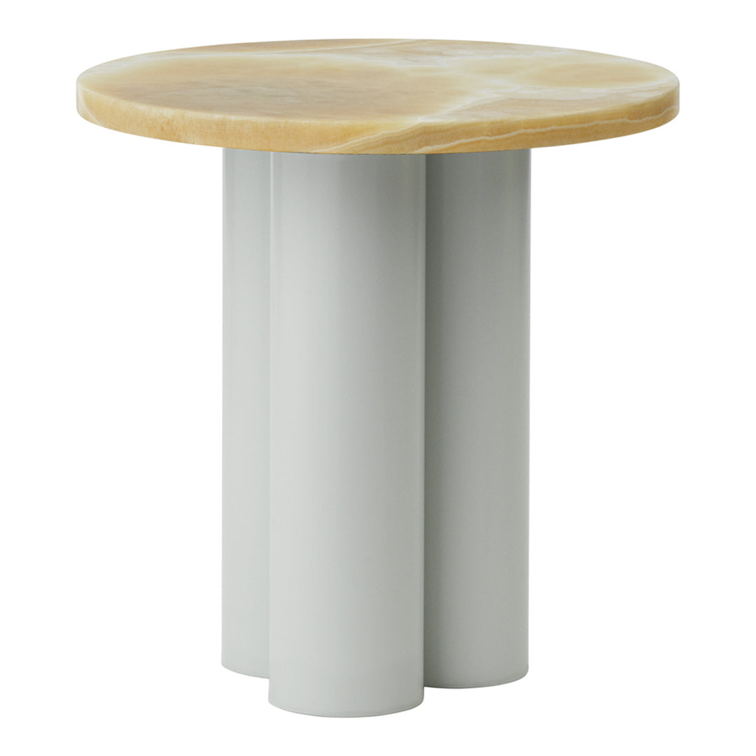 Round table featuring a natural wood top with light honey tones and three smooth, pale gray cylindrical legs.