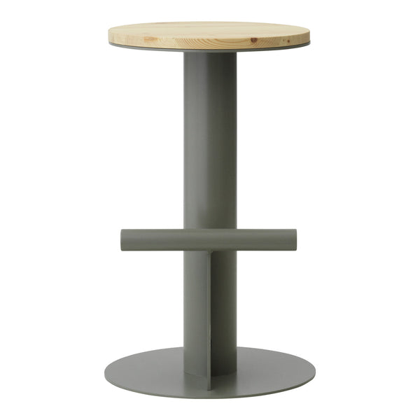 Round wooden top with natural finish on a gray metal base, showcasing a minimalist design and sleek colors.