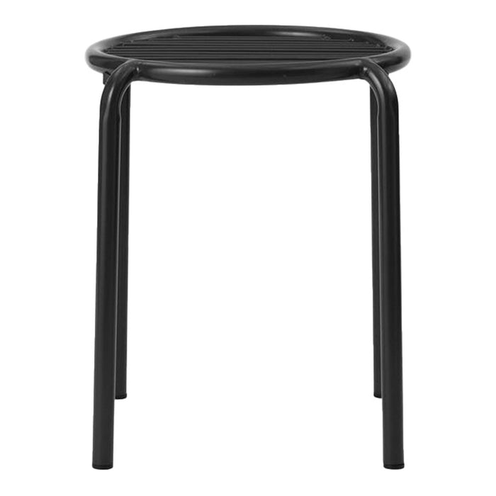 Black metal stool with a simple circular top and minimalistic design, featuring smooth, sleek lines.