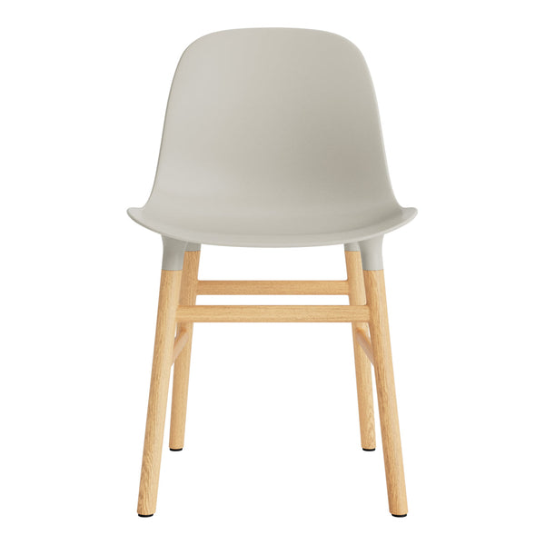 Light gray plastic chair with natural wood legs, minimalistic design, and smooth, clean lines. Ideal for modern decor.