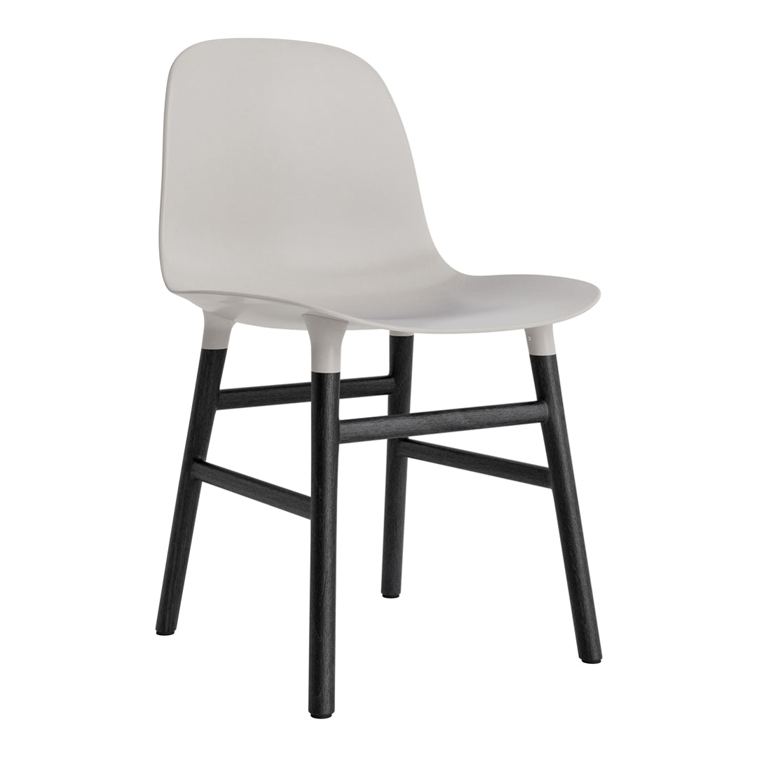 Modern chair featuring a soft gray seat and sleek black wooden legs. Simple and stylish design, perfect for any decor.